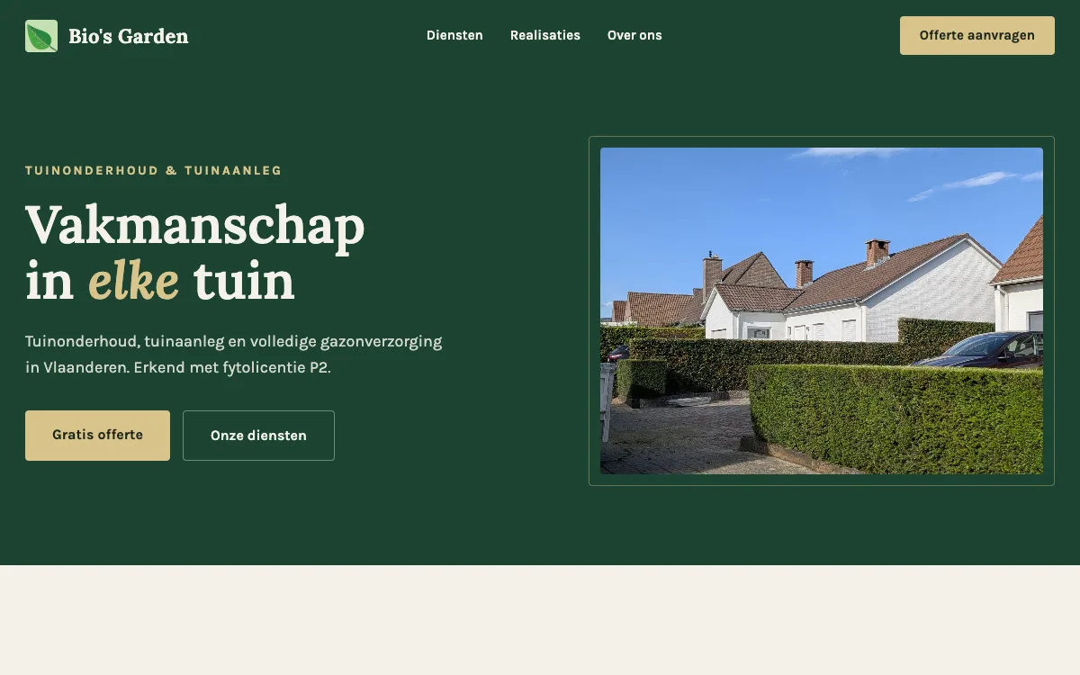 Bio's Garden website op desktop